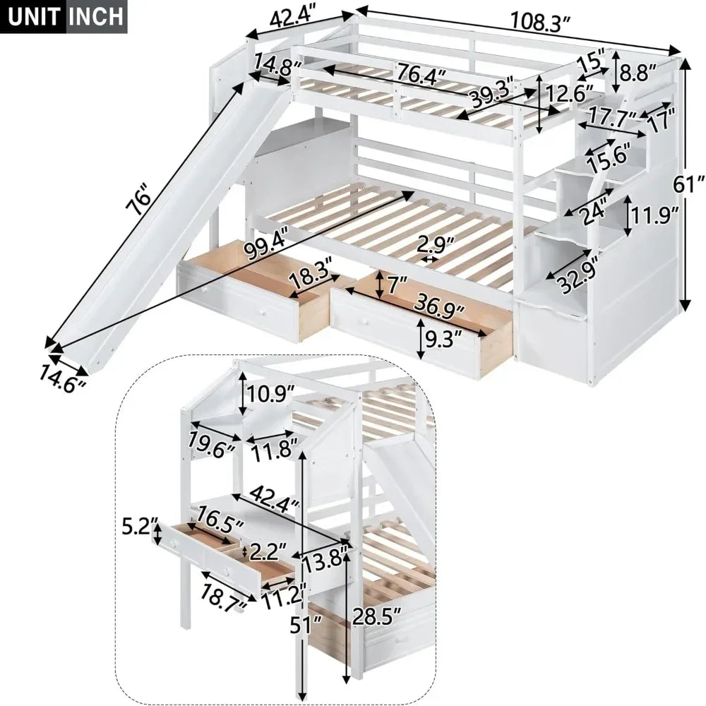 Twin Over Twin Bunk Bed with Stairs, Slide, Desk, Solid Wood Bunk Bed with Storage Drawers and Shelves for Kids Bunk Bed