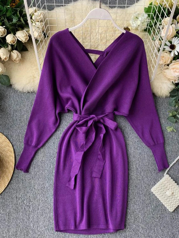 YuooMuoo Herbst Winter Frauen Gestrickte Pullover Kleid 2022 Neue Koreanische Lange Batwing Sleeve V-ausschnitt Elegante Kleid Damen Verband Kleid