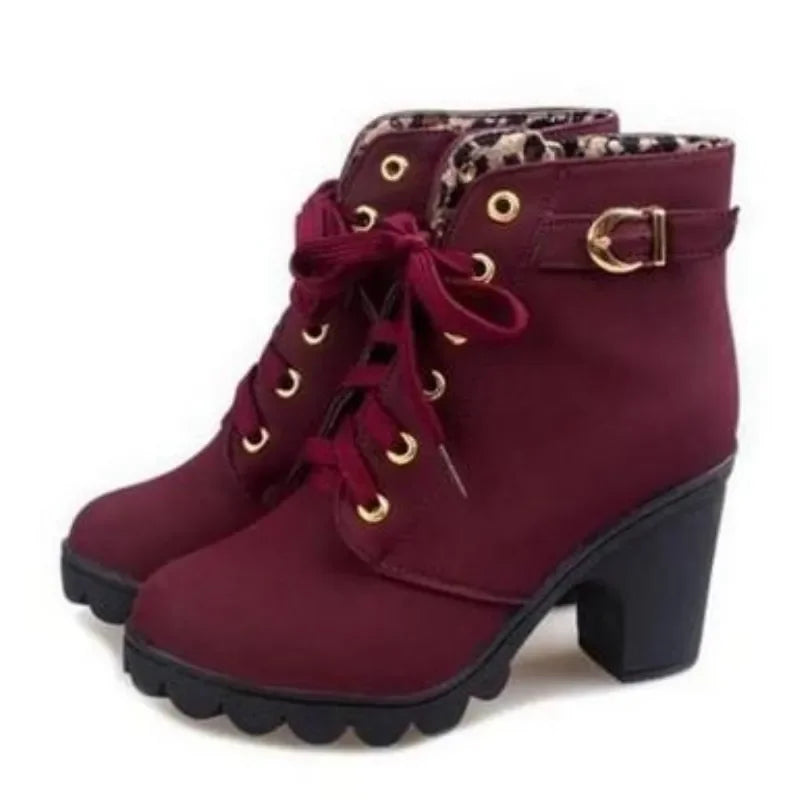 Winter  High Heeled Women Boots Cross Straps Short Boots Comfortable Waterproof Boots Warm Plus Size 42 Botas Femininas