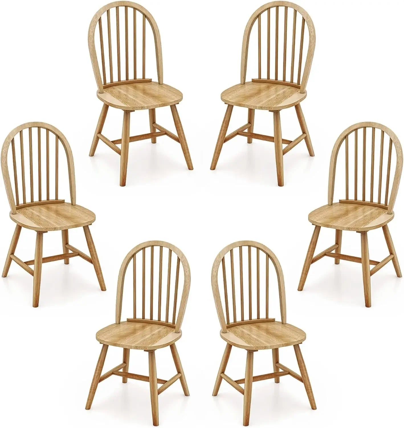 18" Oak Dining Chairs Set of 6, Wood Windsor Chair with Spindle Back for Country Farmhouse Kitchen Island, Dining Chairs Set