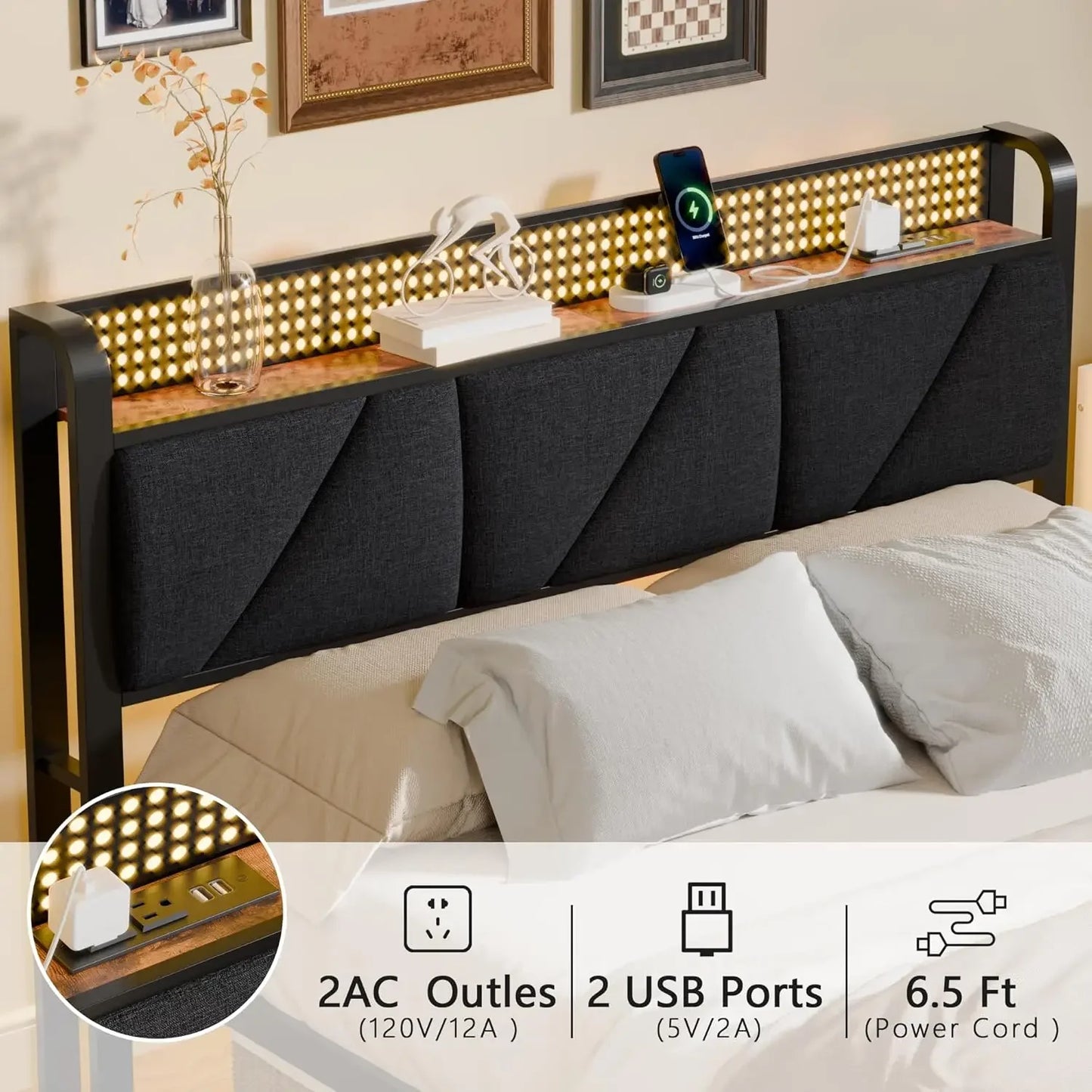 Queen Size Bed Frame with Headboard and LED Lights,Upholstered with Charging Station and USB Port, Platform Me