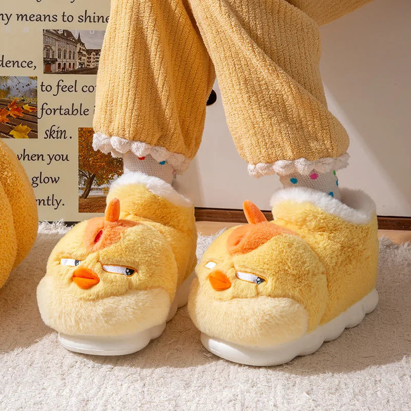 New Cute Cartoon Indoor Slippers For Women Men Funny Yellow Chicken Winter Warm Fluffy Shoes Couples Home Floor Snoot Boots