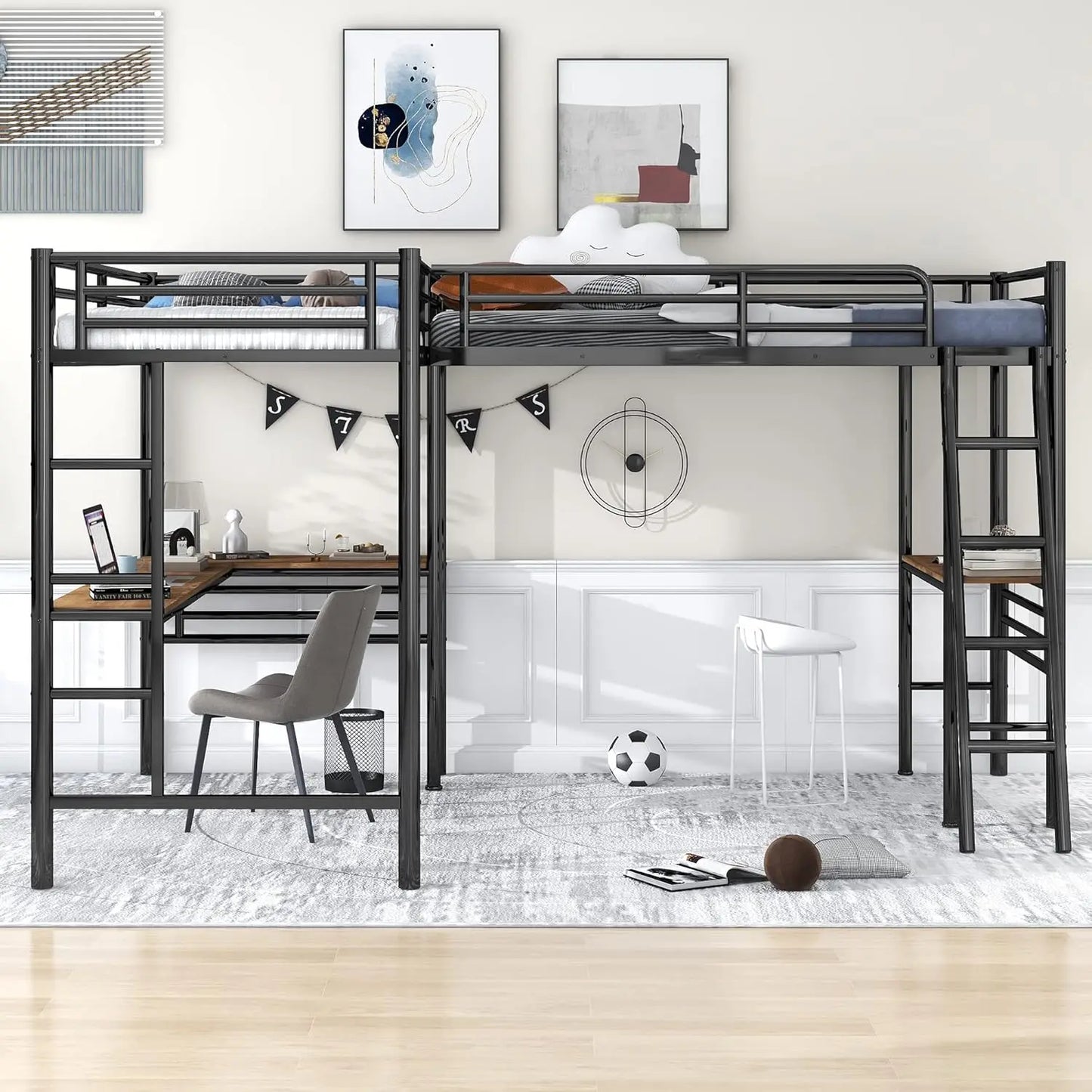 Size Loft Beds, Metal L-Shaped Loft Bed Frame with Two Desk Underneath for 2 Kids Boys Girls Teens, Black