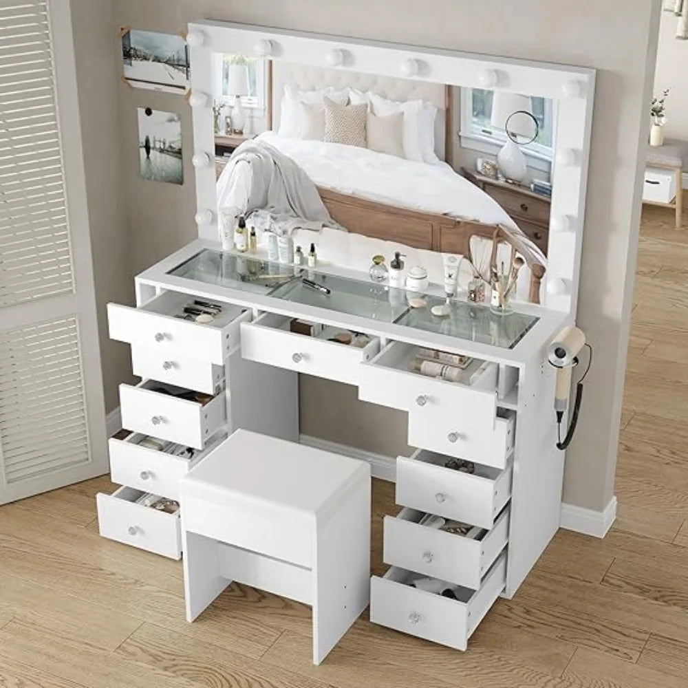 Vanity Desk with Power Outlet, Makeup Tables with Mirror and 13 LED Lights, Dressing Tables with 15 Drawers, Vanity Table