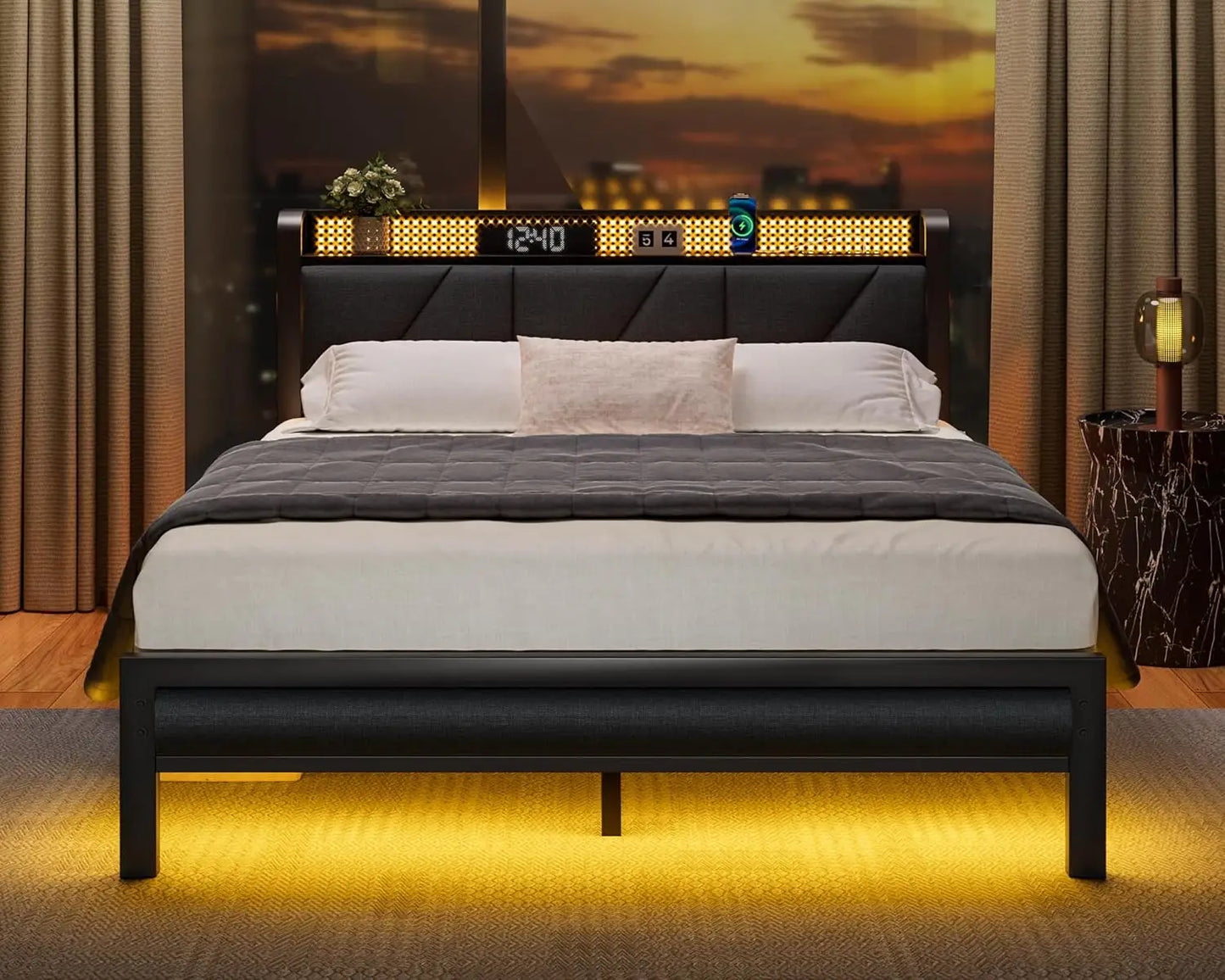 Queen Size Bed Frame with Headboard and LED Lights,Upholstered  with Charging Station and USB Port, Platform Metal Bed Frame,No