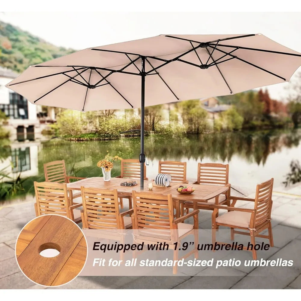 9 Pieces Acacia Wood Patio Dining, Expandable Teak Dining Table & Wooden Chairs with Cushions, Garden Furniture Sets