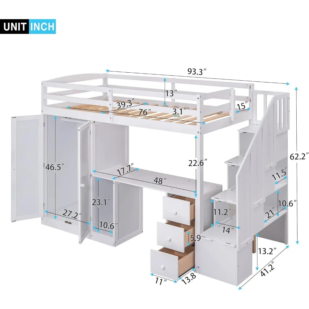 Loft Bed ,with Wardrobe,6 Storage Staircase, 3 Drawers and Cabinet, Twin Size Loft Beds for Family, Teens, Wood Bunk Bed Frame