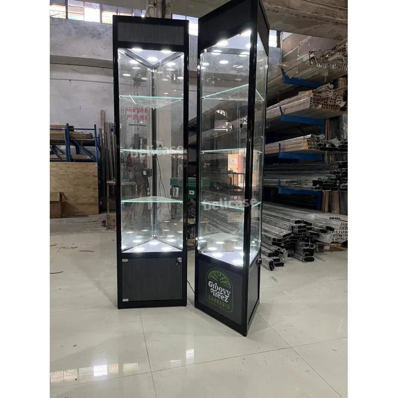 Custom, cheap boutique jewelry watch shop furniture glass cabinet with LED lights smoke shop aluminum frame glass corner showcas