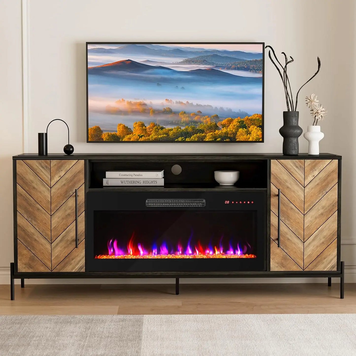 Wood TV Stand with 36" Electric Fireplace, Entertainment Center with Storage Cabinet, Console Table for TVs up to 75 Inches