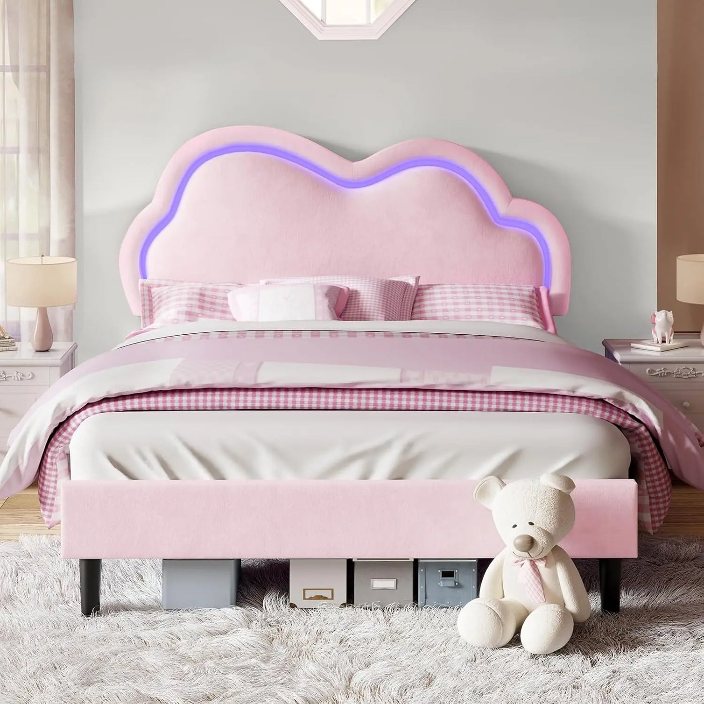 LED Bed Frame Full Size Velvet Upholstered Platform Bed with Adjustable Cloud Headboard, No Box Spring Needed, Easy Assembly