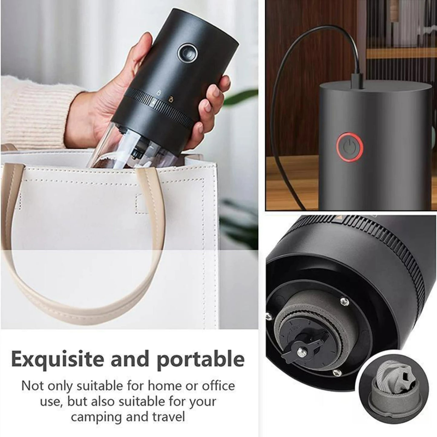 Small, Compact and Convenient USB Rechargeable Portable Automatic Coffee Grinder with Cleaning Brush - Ideal Bean Grinder for Tr