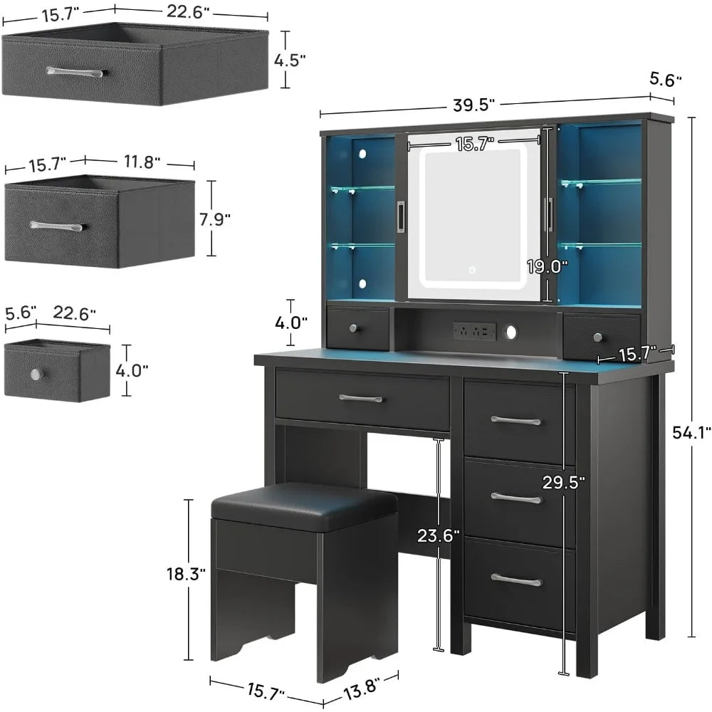 Vanity Desk with Lighted Sliding Mirror & Power Outlet,6 Storage Drawers Makeup Table with LED Strip and Glass Shelves