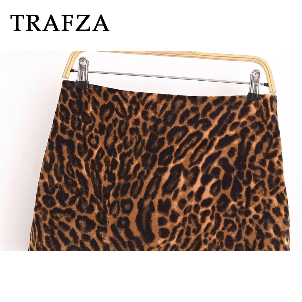 TRAFZA Fashion 2024 Autum Winter Leopard  Women Suit High Street Jacket Elegant Blzaer+Sheath Mini Skirt Chic Sexy Party Sets