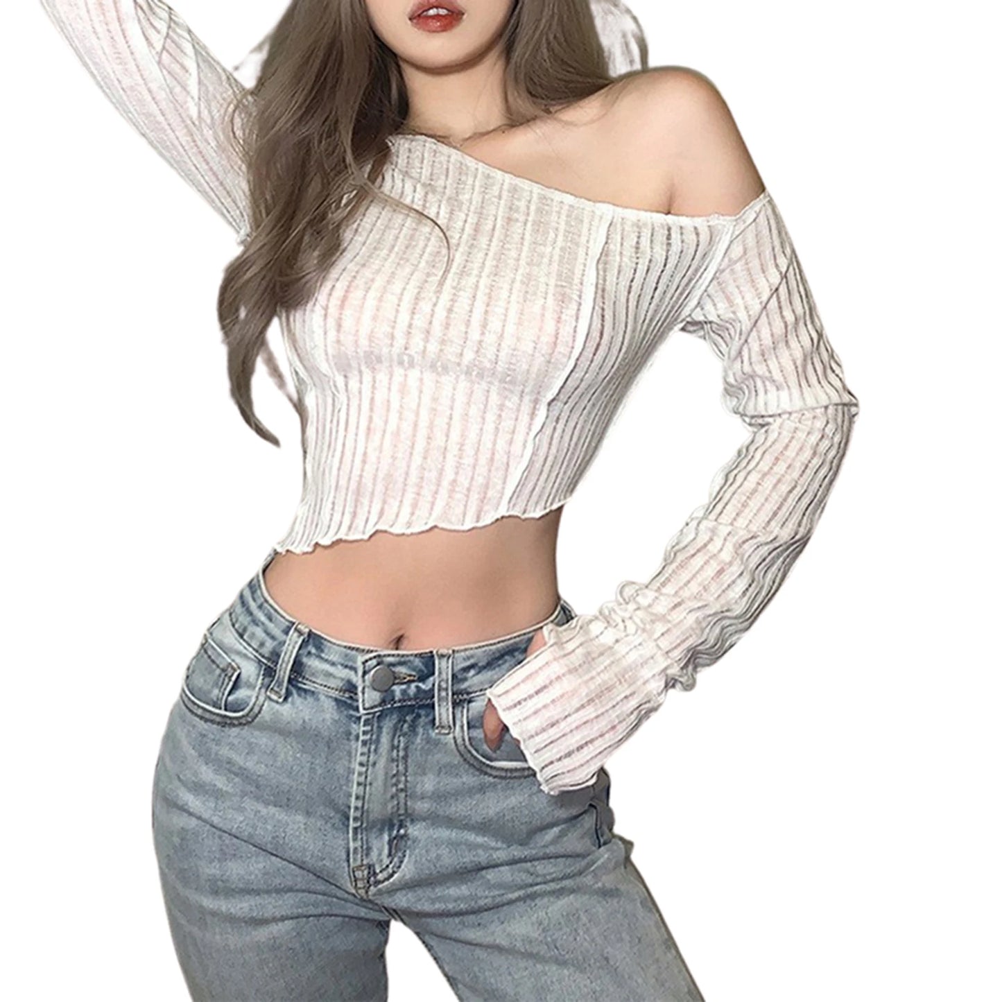 Chic Casual Style: Women's Long Sleeve T-shirt with Oblique Shoulder and Irregular Exposed Navel Design