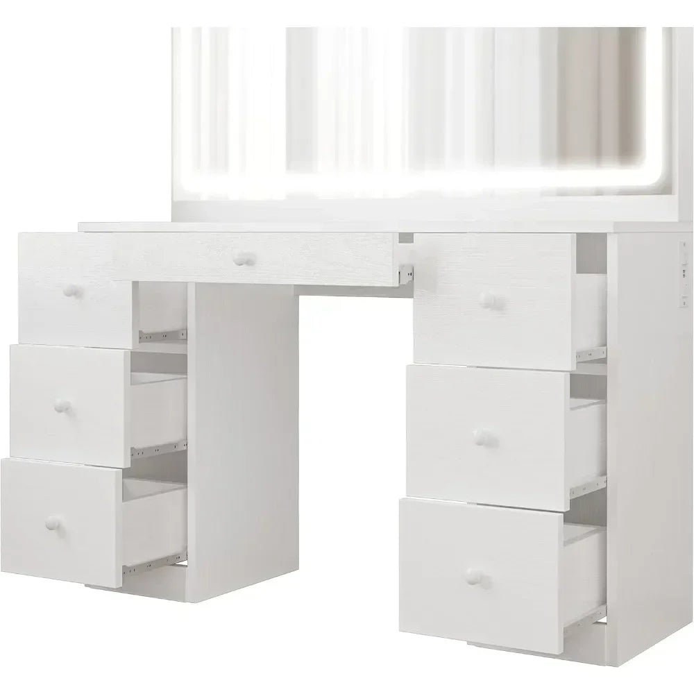 Vanity Desk Set with LED Lighted Mirror & Power Outlet, Makeup Vanities Dressing Table  for Bedroom with Stool 7 Drawers