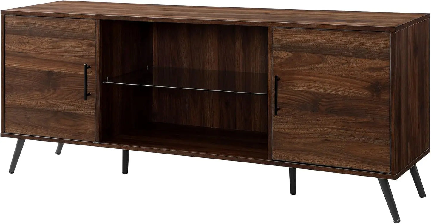 Saxon Mid Century Modern Glass Shelf TV Stand for TVs up to 65 Inches, 60 Inch, Walnut