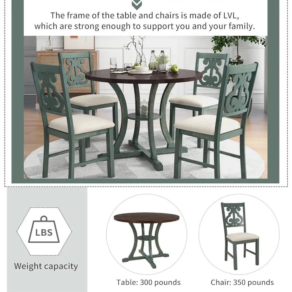 5 Piece Round Dining Table and Upholstered Chair Set with Special-Shaped Legs and Hollow Chair Back for Dining Room