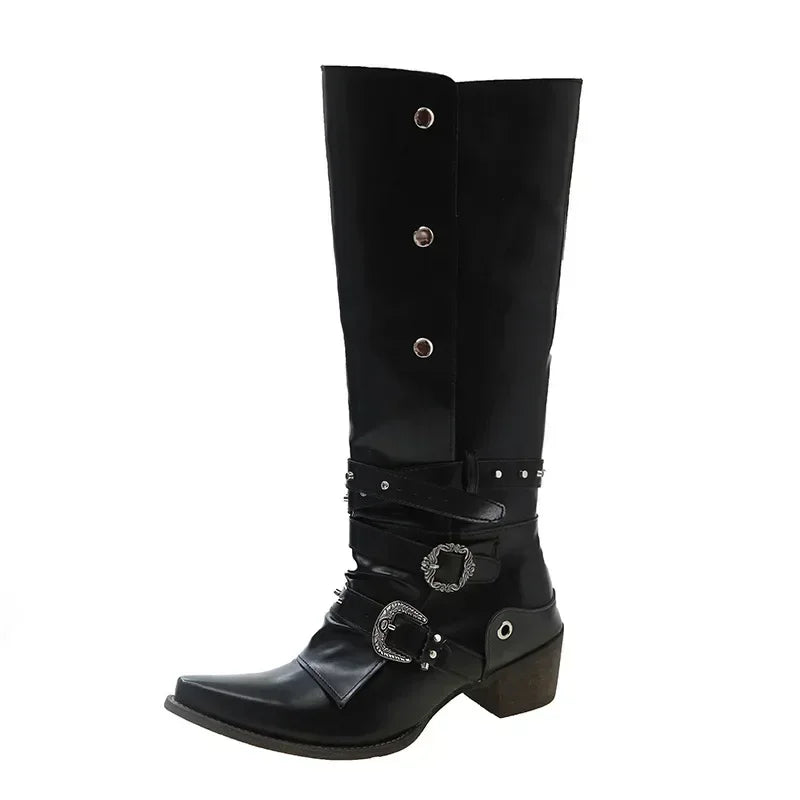 Women Metal Doctor Thick Heeled Black Boots  Autumn Pointed Toe Pu Leather Mid Calf Boots Woman Motorcycle Boots Big Size 43