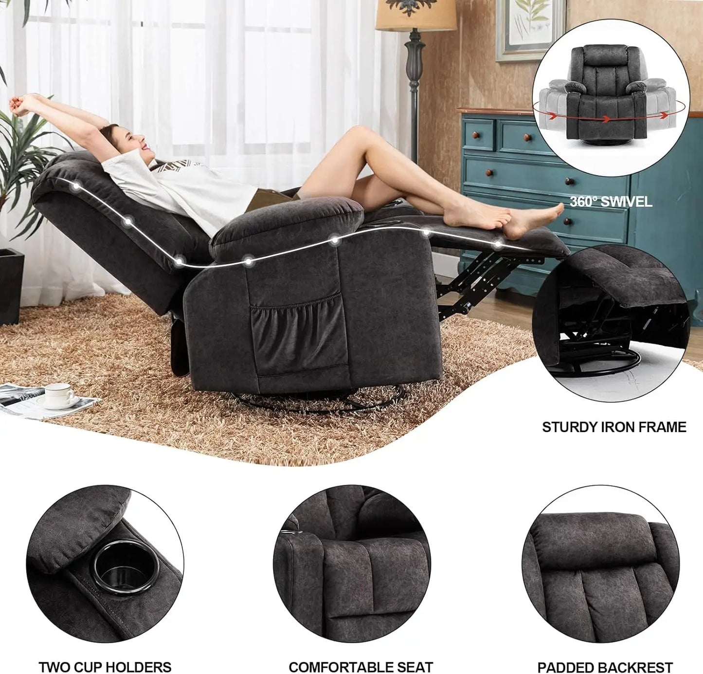 Chair Massage Rocker with Heated 360 Degree Swivel Lazy Boy Recliner Single Sofa Seat with Cup Holders for Living Room