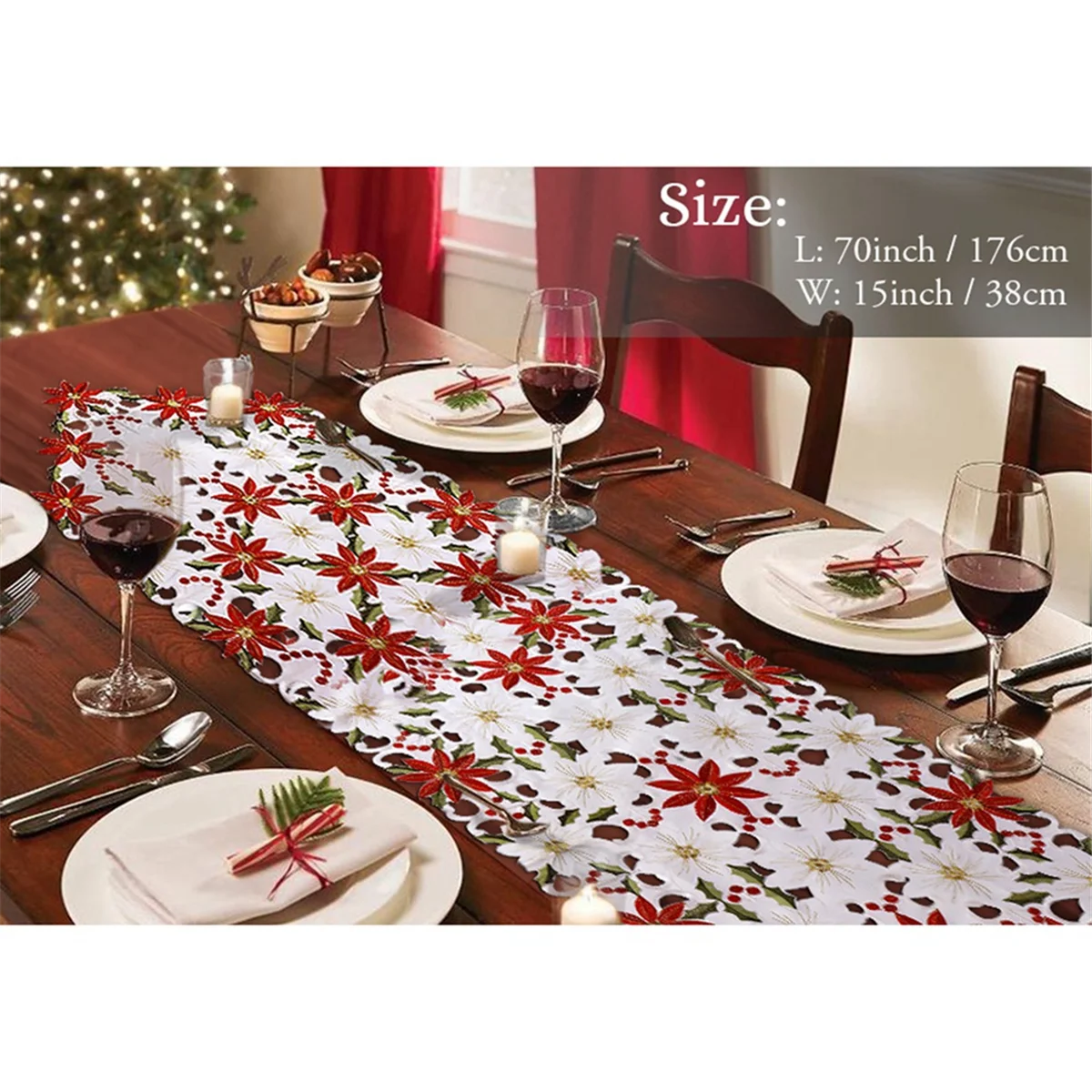 Christmas Table Runner, Poinsettia Holly Leaf Embroidered Table Linens for Christmas Decorations 15 X 53