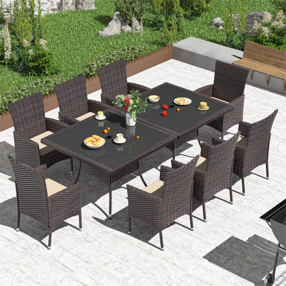 10-Piece Outdoor Dining Set,Square Tempered Glass Tabletop with Umbrella Hole and 8 Chair Set, Wicker Rattan Patio Dining Table