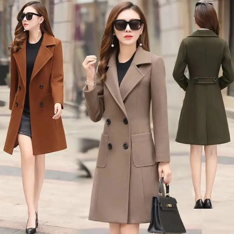 2024 Autumn Winter Women Long Woolen Coats Double Breasted Female Solid Color Slim Fit Outerwear Turn-down Collar Streetwear