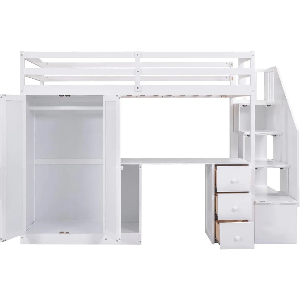 Loft Bed ,with Wardrobe,6 Storage Staircase, 3 Drawers and Cabinet, Twin Size Loft Beds for Family, Teens, Wood Bunk Bed Frame