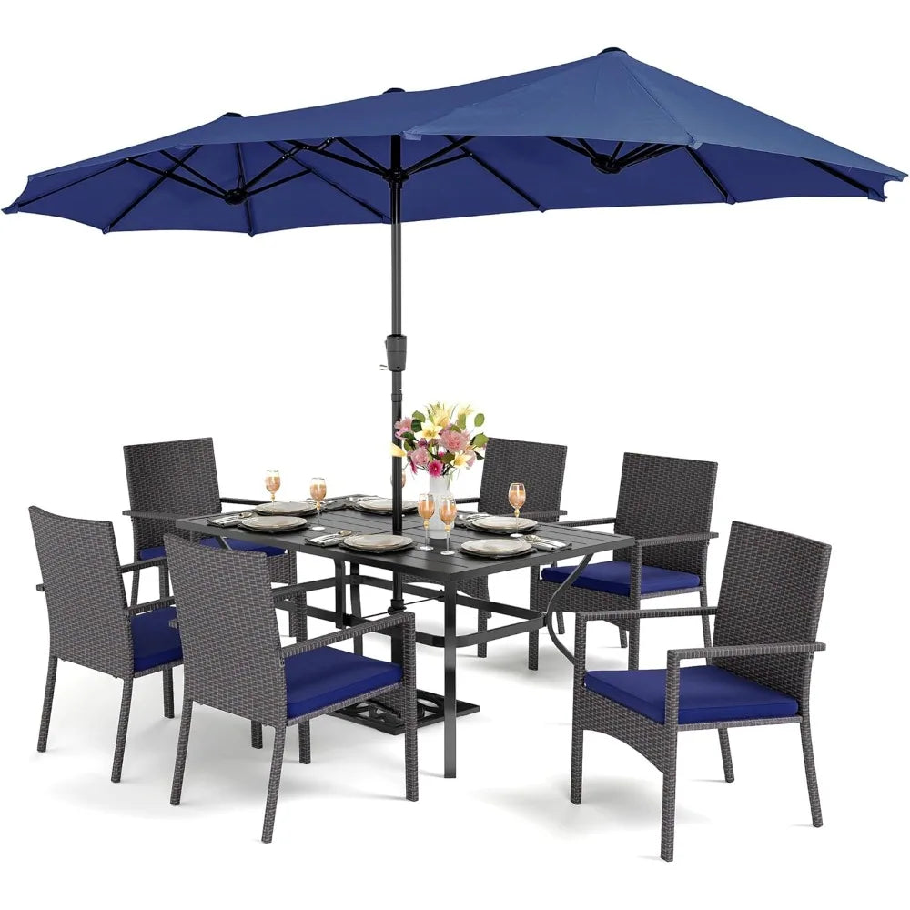 7 Piece Patio Dining Furniture Set, 60” Rectangular Metal Dining Table & 6 Cushioned Rattan Wicker Chairs ,Garden Furniture Sets