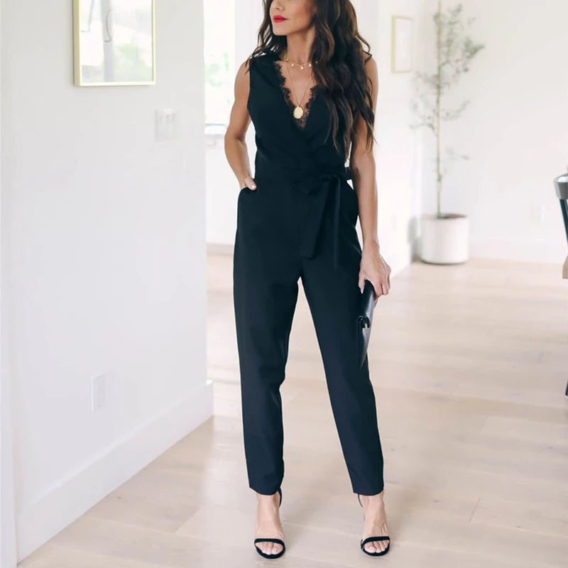 Fashion Lace Women Jumpsuit With Belt Sleeveless 2022 Summer New Casual V-neck Solid Women Black Jumpsuits Fashion Female Pants