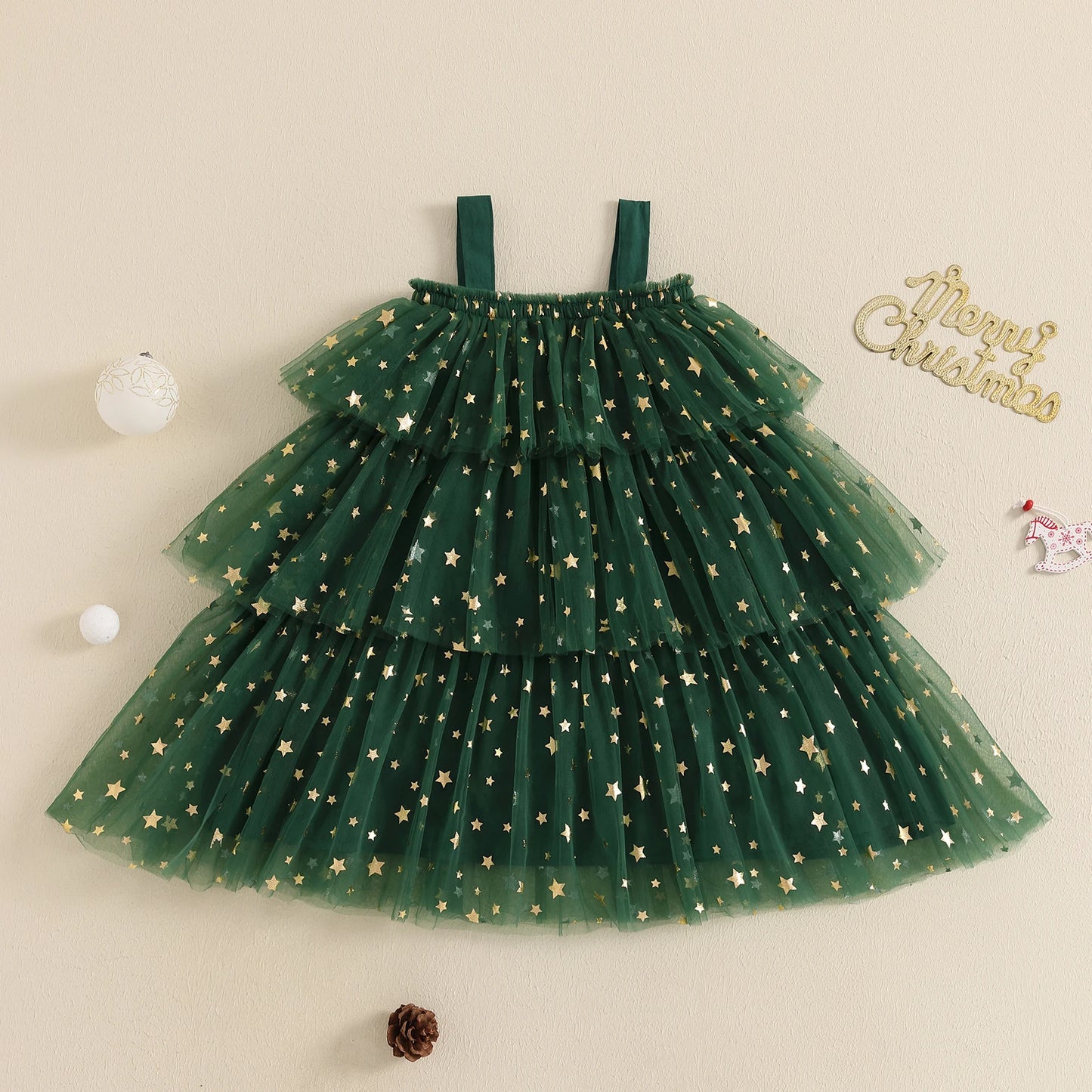 Little Girl Christmas Dress Sweet Star Print Layered Tulle Dress with Plush Ball Square Neck Sleeveless Girl Dress 1-6 Years