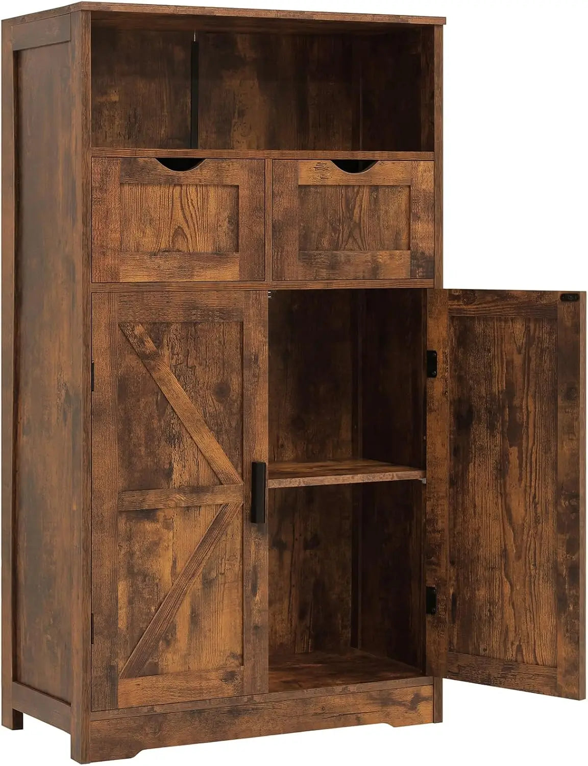 Cabinet with 2 Adjustable Drawers & 2 Barn Doors, Floor Cabinet, Freestanding Cupboard with Adjustable Shelf, for Living Room