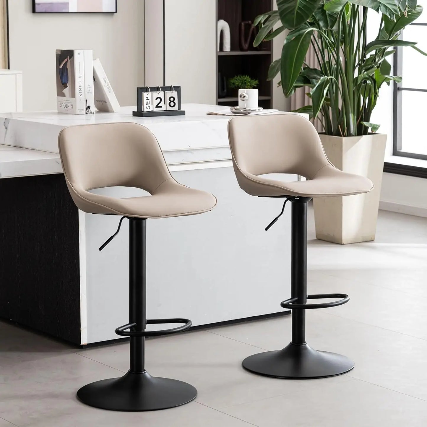 Bar Stools Set of 2, Adjustable Swivel Counter Height Bar Stools Faux Leather Upholstered Counter Stools with Back, Bar Chair