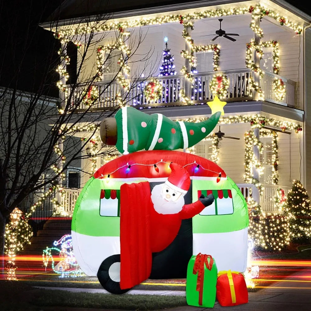 7 ft Christmas Inflatable Santa Claus Driving a Car with Christmas Tree and Gift Boxes, Blow Up Lighted Yard Decoration