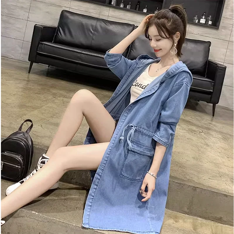 Leisure Jeans Windbreaker Coat Women's Overcoat New Spring Autumn Korean Loose Tape Long Hooded Denim Trench Coat Female Outwear