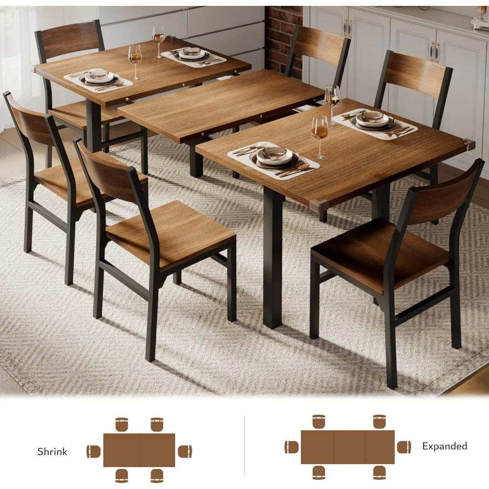 7-Piece Dining Table Set with 6 Chairs, 63" Extendable Kitchen Table & Chairs,Dining Room Table with Metal Frame & MDF Board