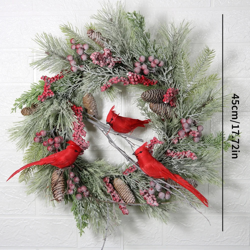 Wreath Rattan Wreath Decorated Pine Cone Cardinal Bird Wreath Christmas Simulation Pine Cone Door Hanging Outdoor Decoration