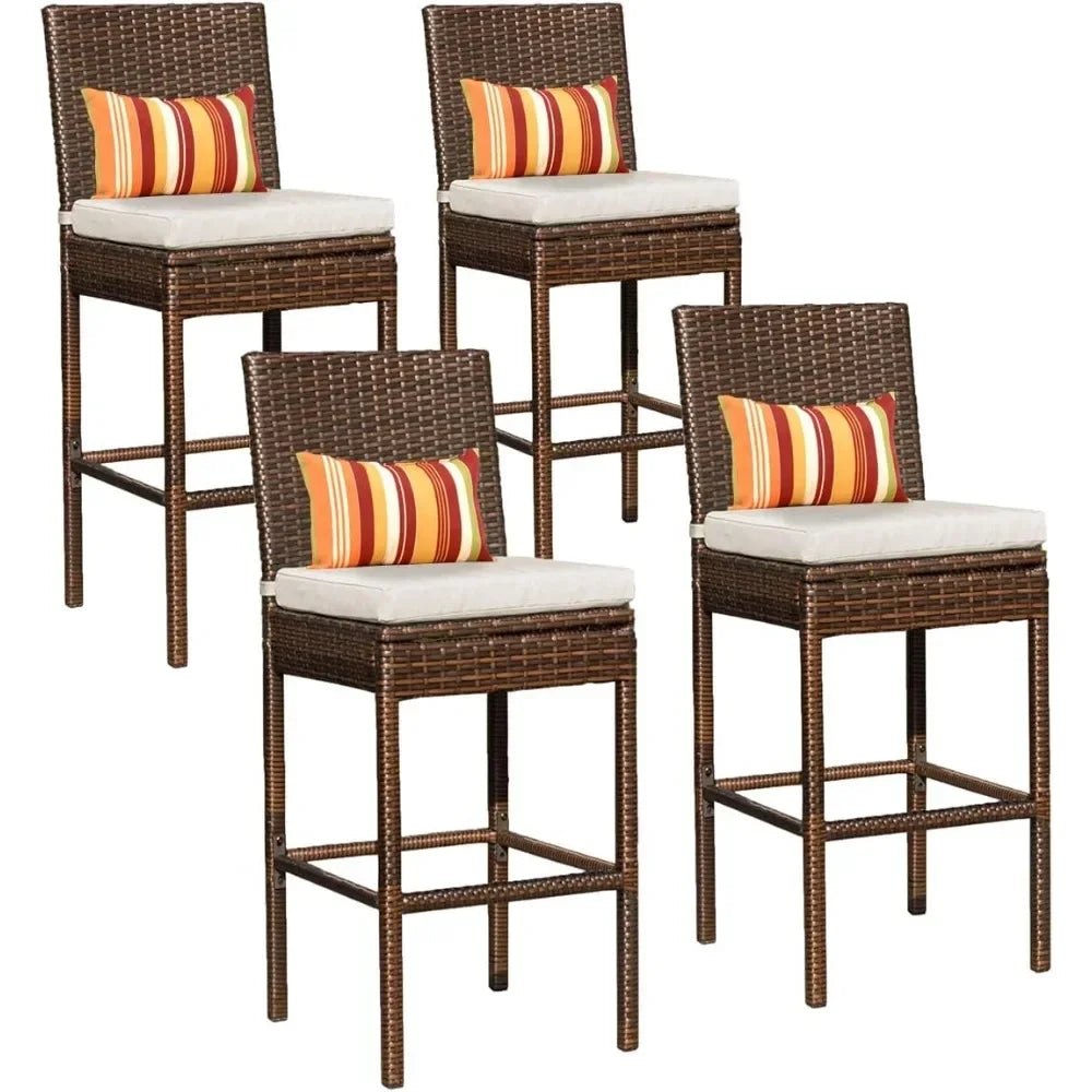 Bar Stools Set of 4, High Brown Rattan Chair with Pillow & Beige Cushion, All-Weather, Bar Chairs