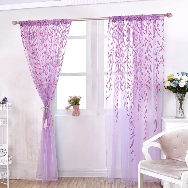 Green Purple Willow Sheer Curtains Window Yarn for Living Room Tulle Curtains Kitchen Gauze Decorative Curtain for Bedroom Home