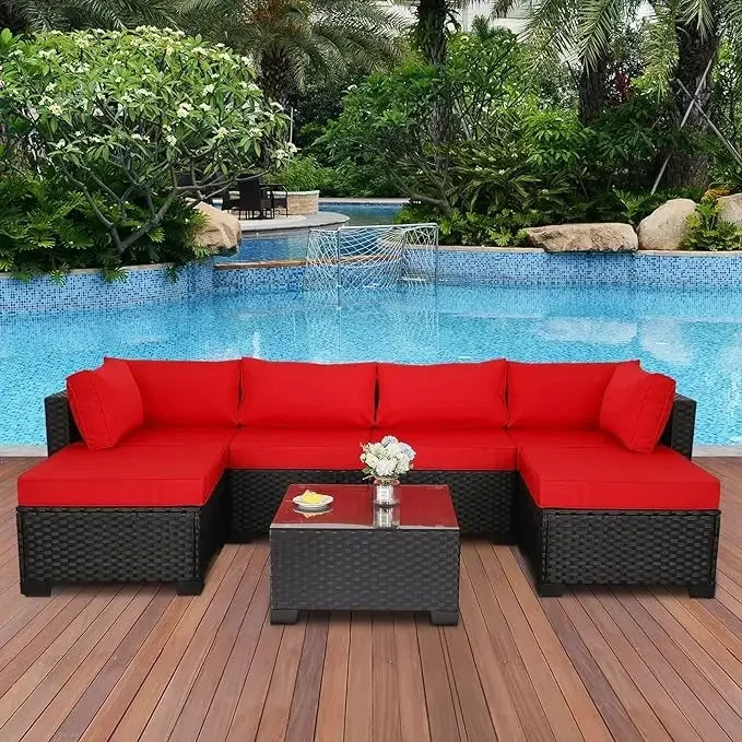 7 Pieces Outdoor PE Wicker Furniture Set Patio Rattan Sectional Conversation Sofa Set with Red Cushions and Fire Pit Table