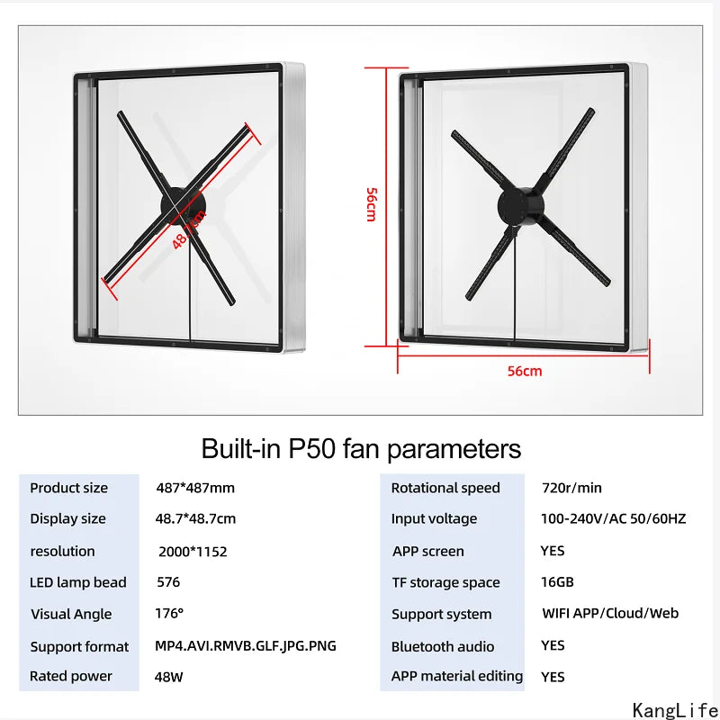 50/45cm 3D Fan Hologram Projector Integrated Machine Wifi Led Sign Holographic Lamp Player With Cover Advertising Display Light