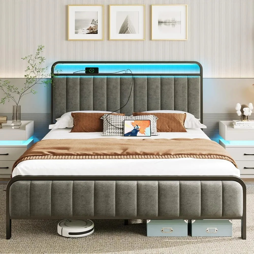 Queen Size Bed Frame with LED Light and Charging Station, Upholstered Headboard and Footboard, Metal Slat, Noise Free Bed