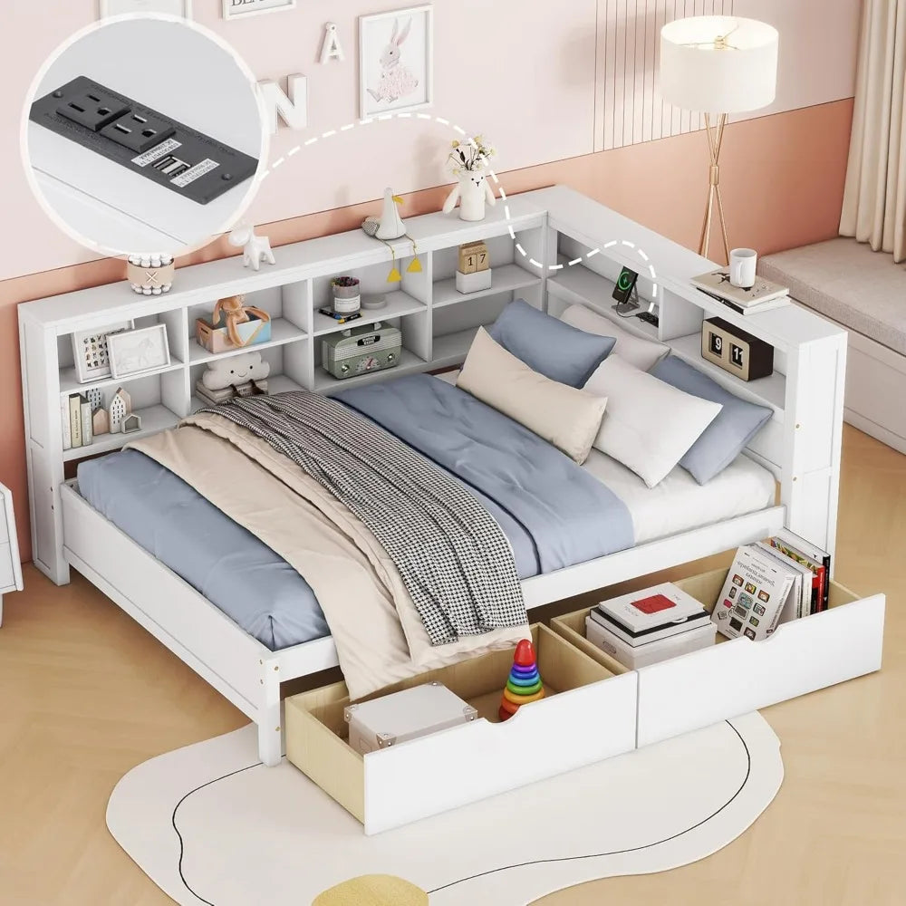 Daybed with Storage Drawers and Bookcase, L-Shape Daybed with USB Ports and Headboard with Storage Headboard, Corner Bed Frame