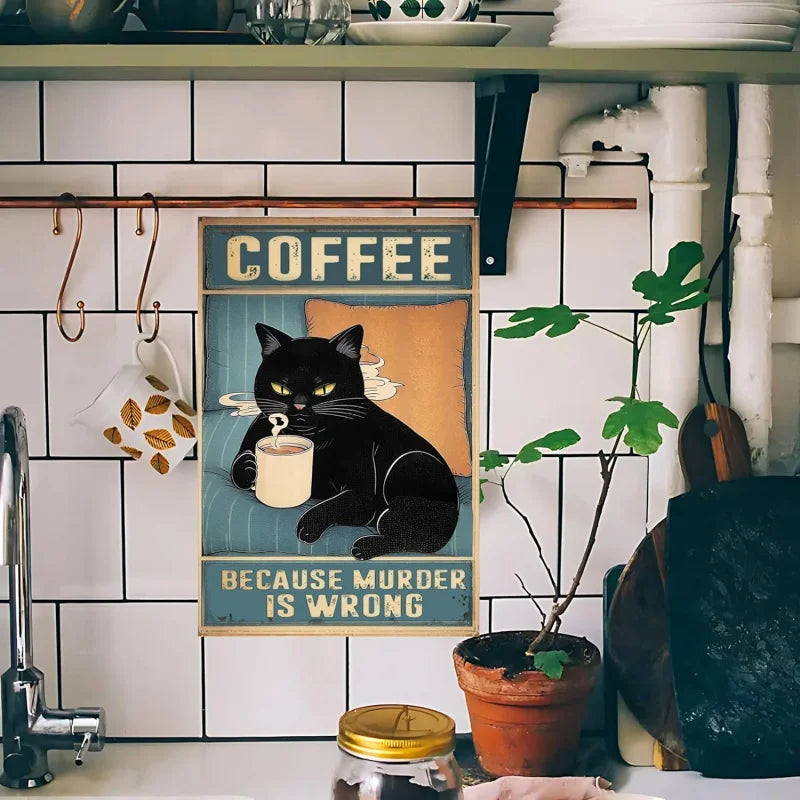 Black cat coffee metal tin painting kitchen wall decoration retro poster 30x20 cm