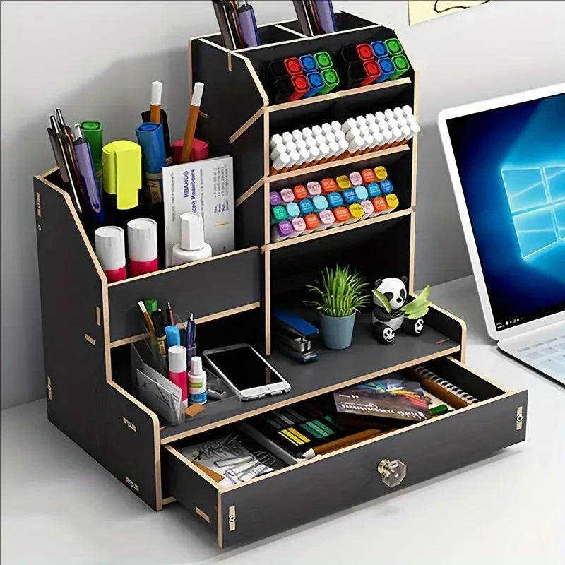 Wooden Desk Organizer With Drawers Pen Holder Multi-Functional Organizers Stationery Office Storage Accessories School Supplies