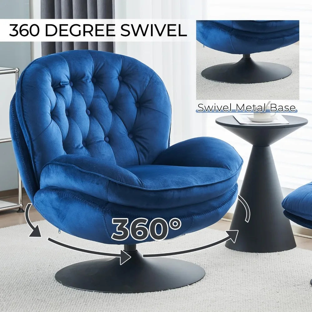 Velvet Swivel Accent Chair with Ottoman Set, Modern Tufted Armchair with Footrest for Living Room, Reading TV Chair for Adults