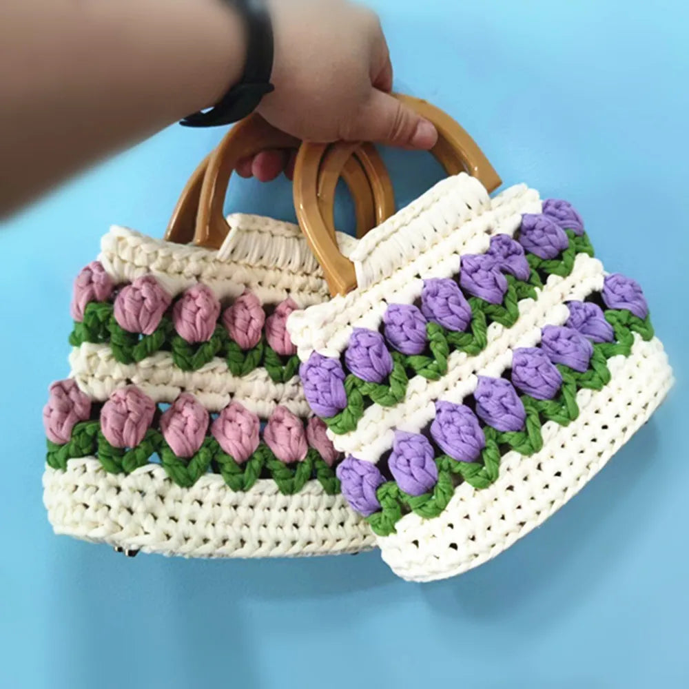 2024 Ladies Casual Bag Hand-woven Shopping Bag Fashion Soft Shoulder Diy Handbag Self-woven Homemade Crochet Bag