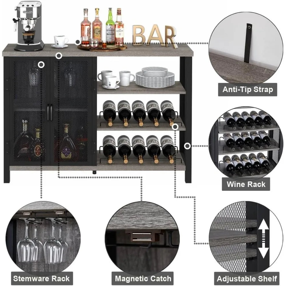 Industrial Home Bar Cabinet with Wine Rack,Coffee Bar Cabinet with Storage (47 Inch, Grey Oak)