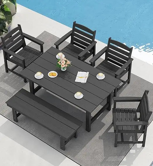 Outdoor Dining Table Set, Patio Dining Table and Bench Set for 6, Patio Furniture Sets