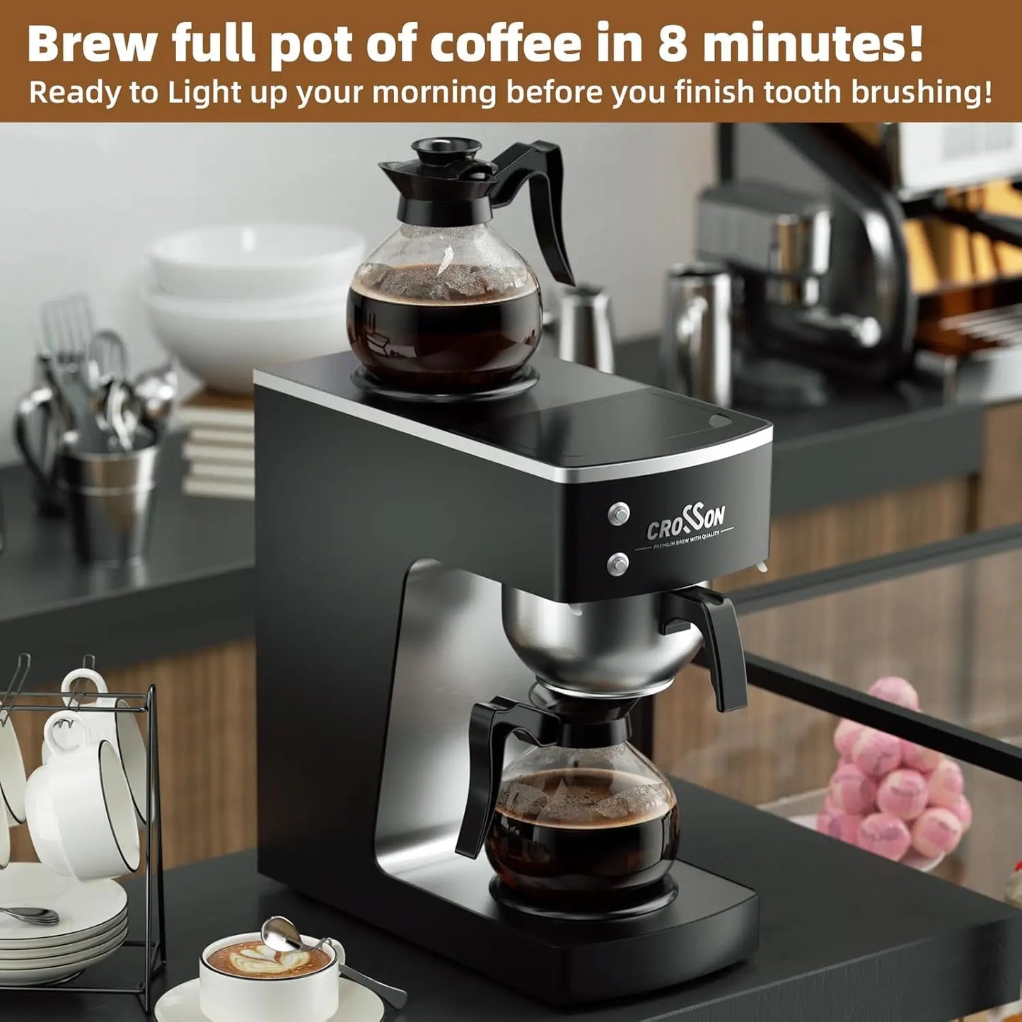 Commercial Drip Coffee Brewer with Upper and Lower Warmer & 2 Glass ,Pour Over Coffee Maker with Easy Clean Fingerprint Free