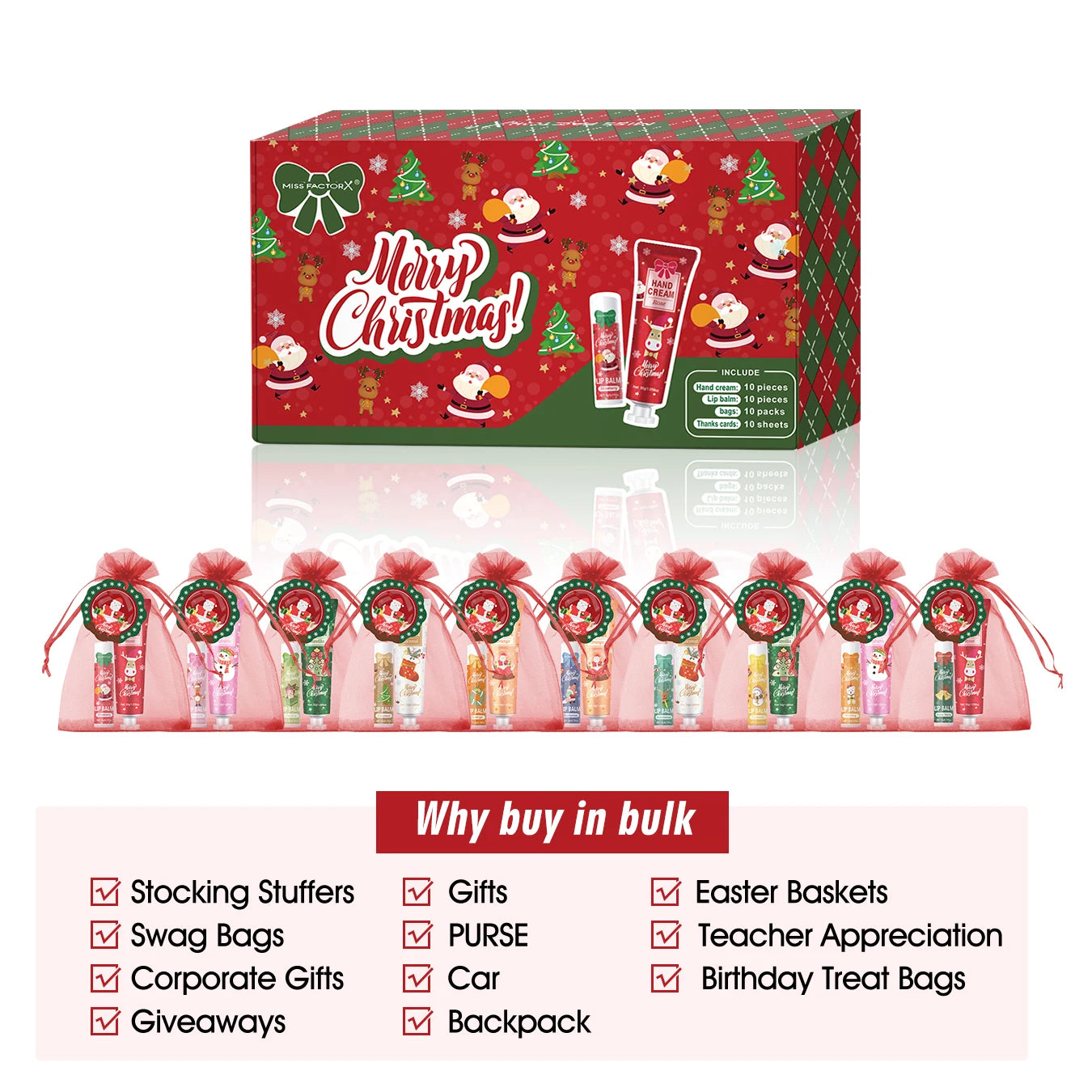 Christmas kit-10 sets/box hand cream kit, lip balm set, with Santa Card and red gift bag, party gift distribution